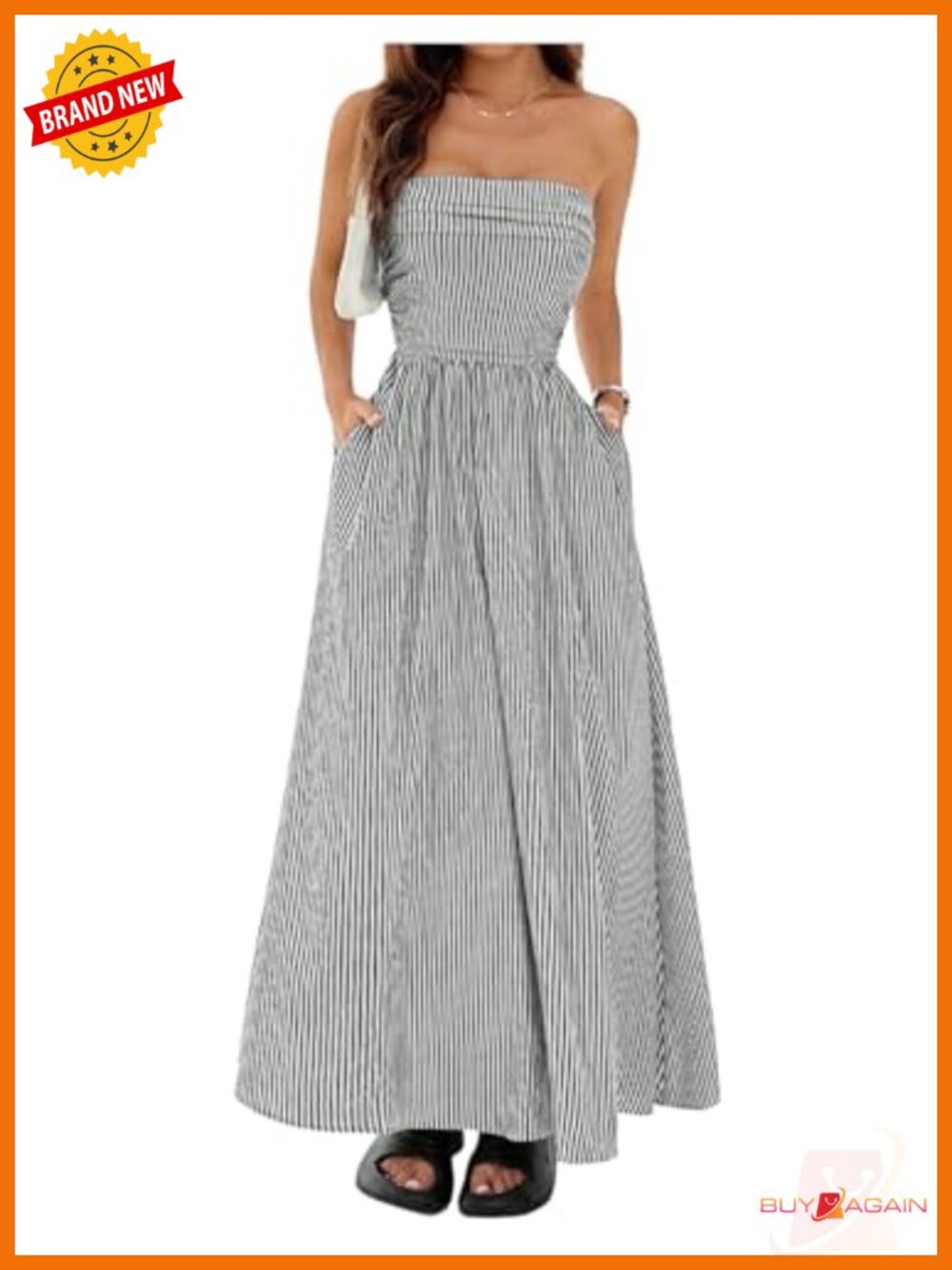 Striped Strapless Maxi Dress Smocked Waist Side Pockets